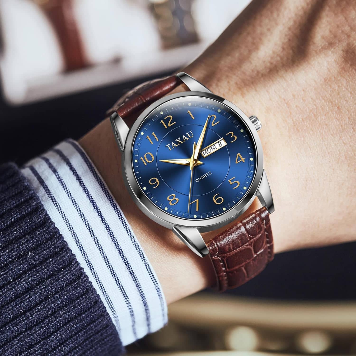 Leather Watches for Men Business Dress Men’s Watch with Luxury Waterproof Classic Blue Dial Stainless Steel Analog Quartz Wrist Watches with Brown Band Day Date Luminous Casual Male Man Formal Watch - Image 3