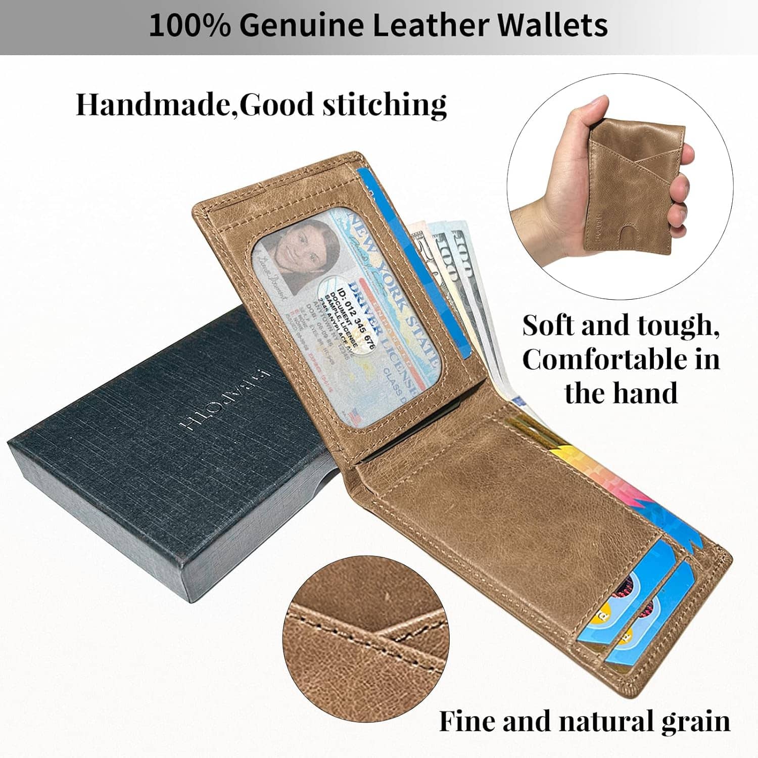 Mens Wallets Leather, Genuine Leather Wallets for Men, Bifold RFID Wallet for Men Slim with ID Window|Bills Slot|9 Card Slots, 2 Outer Pocket Slim Wallet for Men with Gift Box Packaging - Image 2