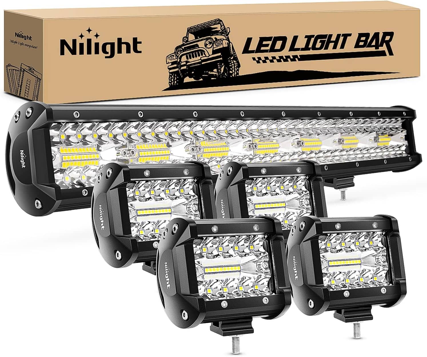 Nilight 20 Inch 420W Triple Row Flood Spot Combo Led Light Bar 4PCS 4Inch 60W LED Pods Driving Boat Lights Led Off Road Trucks Lights , 2 Years Warranty (ZH415), Black