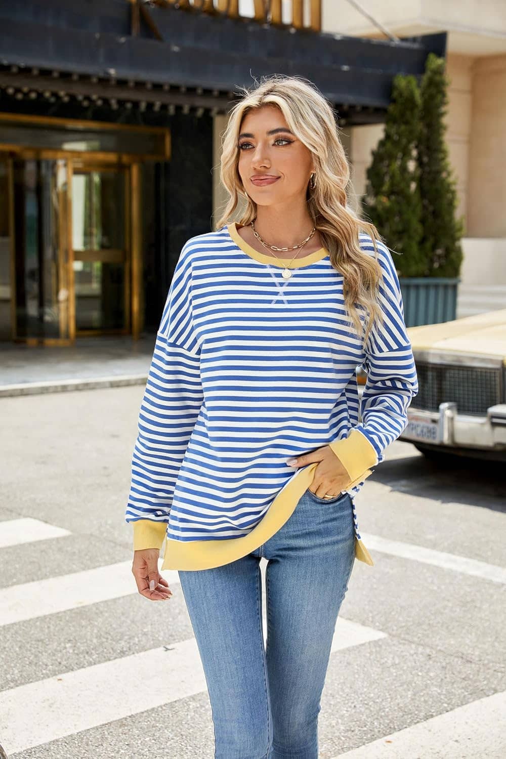 Fashionme 2025 Womens Striped Color Block Tunic Tops Side Slits Spring Long Sleeve T-shirts Sweatshirt Crewneck Loose Trendy - Image 7
