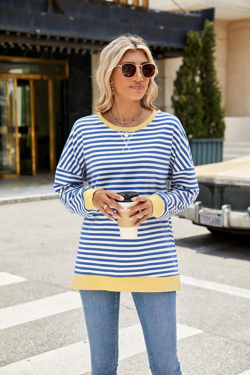 Fashionme 2025 Womens Striped Color Block Tunic Tops Side Slits Spring Long Sleeve T-shirts Sweatshirt Crewneck Loose Trendy - Image 8