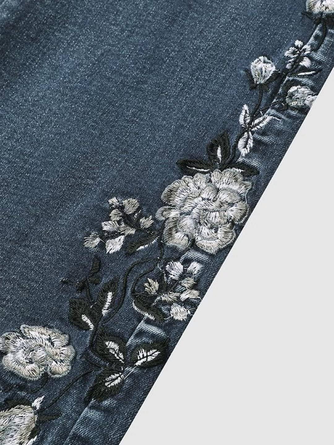 Flamingals Women's Floral Embroidery Mid Waist High Stretch Bootcut Jeans with Pockets - Image 5