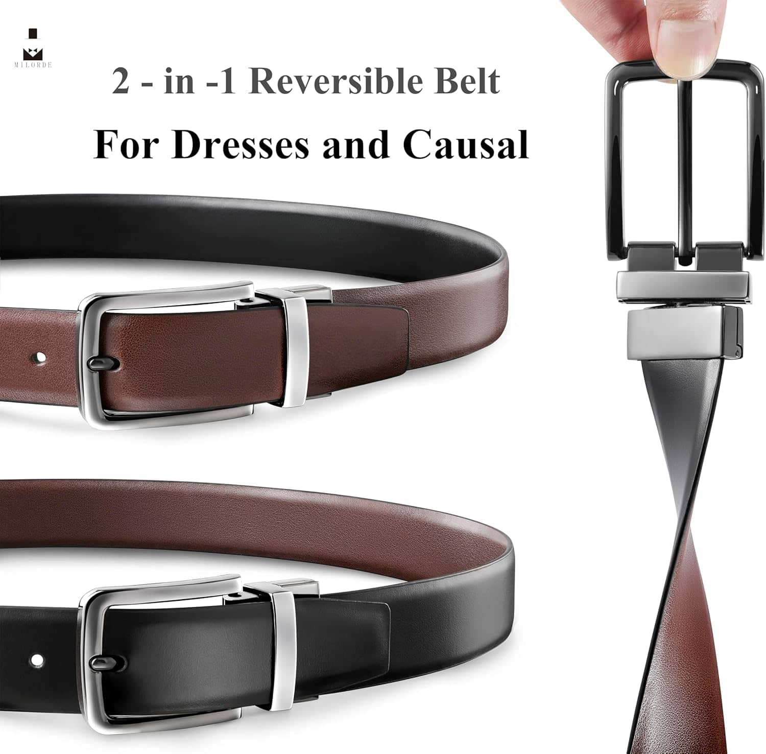 MILORDE Men’s Reversible Leather Belt for Casual Golf Dress Pants Shirts, Double Style - 2 Sides - Image 2