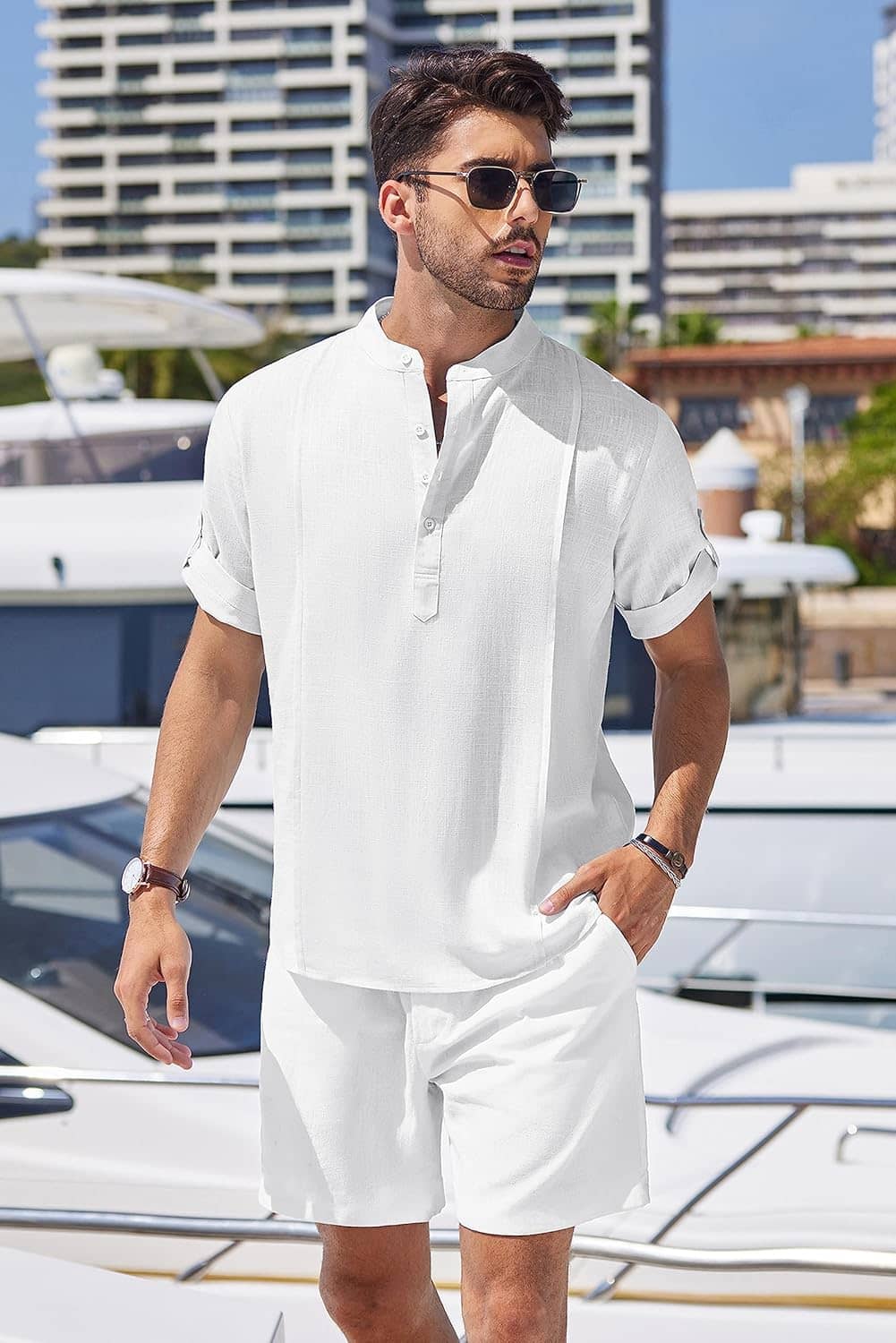 COOFANDY Men's 2 Pieces Linen Set Henley Shirt Short Sleeve and Shorts Summer Beach Yoga Matching Outfits - Image 2
