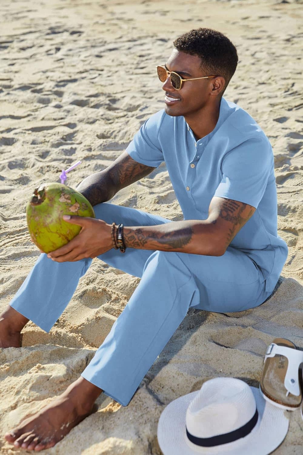 COOFANDY Men's 2 Pieces Set Short Sleeve Casual Henley Shirts Beach Yoga Pants Summer Beach Outfit - Image 4