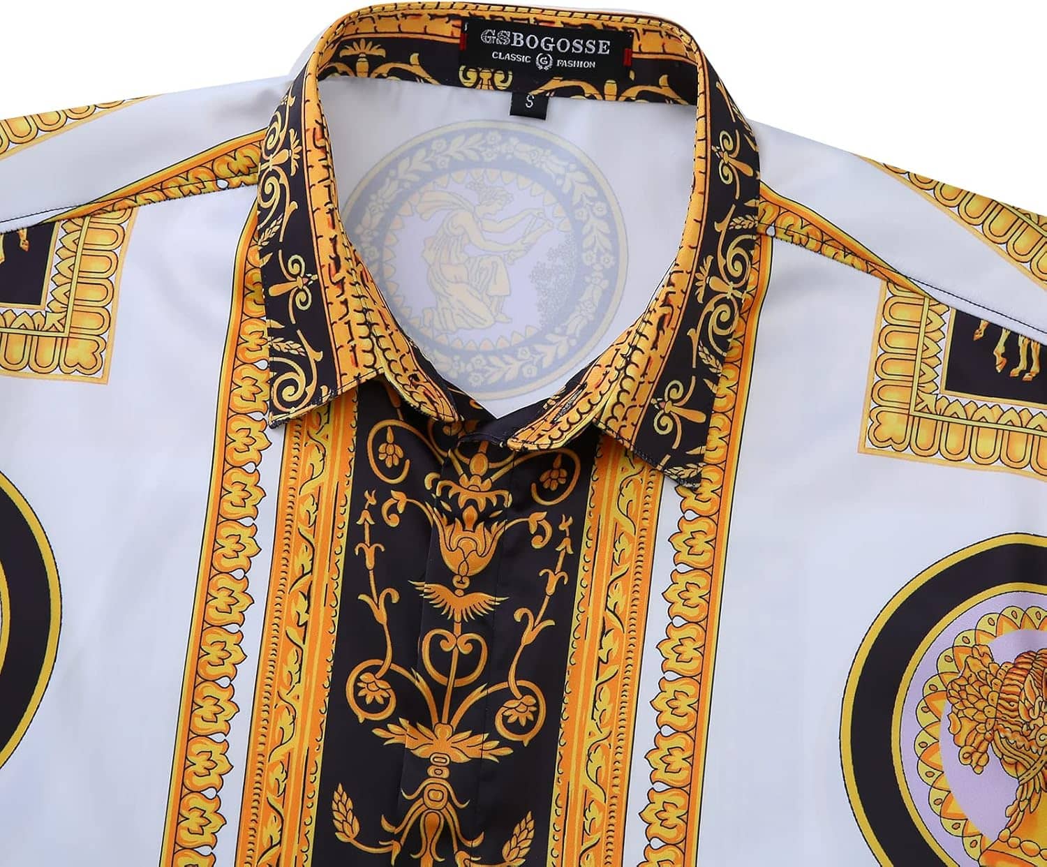 Men Gold Fashion Luxury Printed Satin Long Sleeve Button-Down Shirts Flashy Retro Gorgeous Design Party Gift Shirt - Image 3