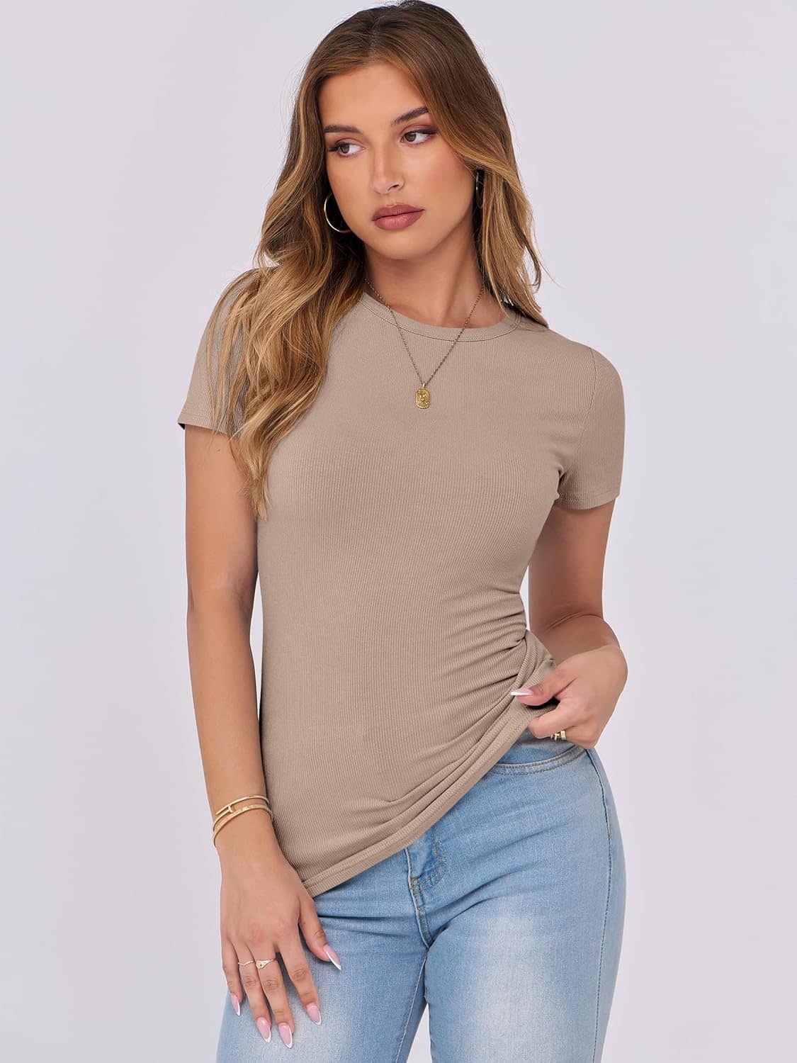 ANRABESS Women Short Sleeve Crewneck Rib Knit Slim Fitted Shirts Summer 2025 Basic Tee Tshirt Tops Underwear Outfits Clothes - Image 3