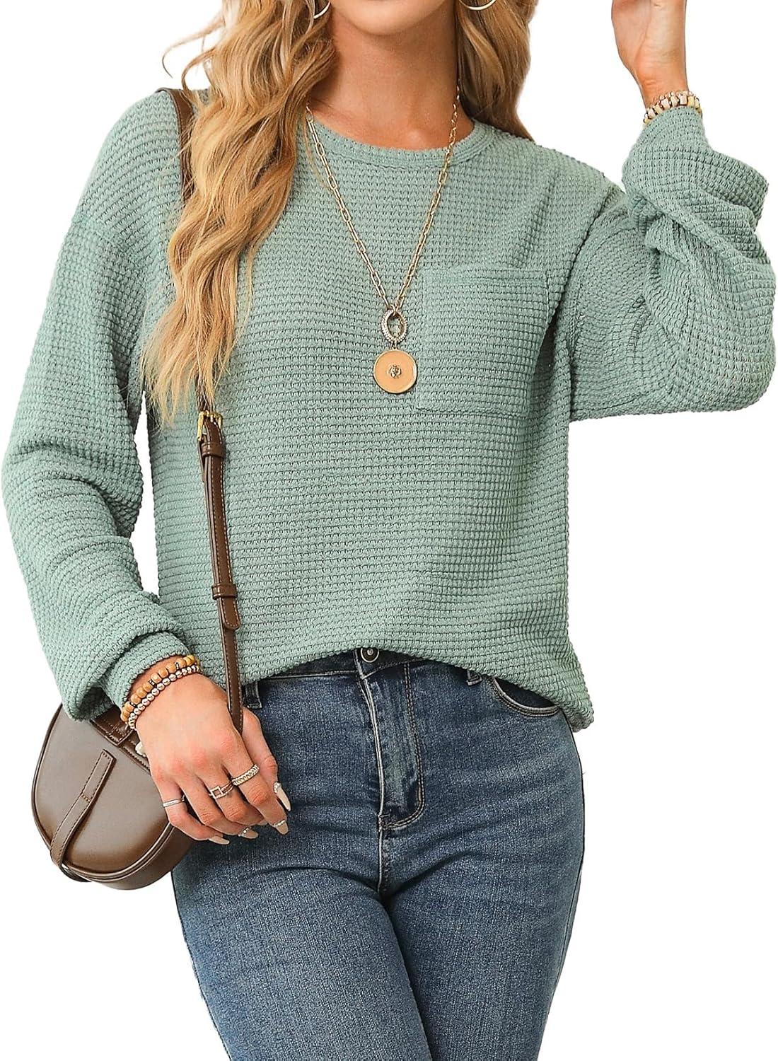 Dokotoo Womens Tops 2024 Oversized Long Sleeve Crewneck Waffle Knit Shirts Business Casual Blouses Basic Shirts - Image 2