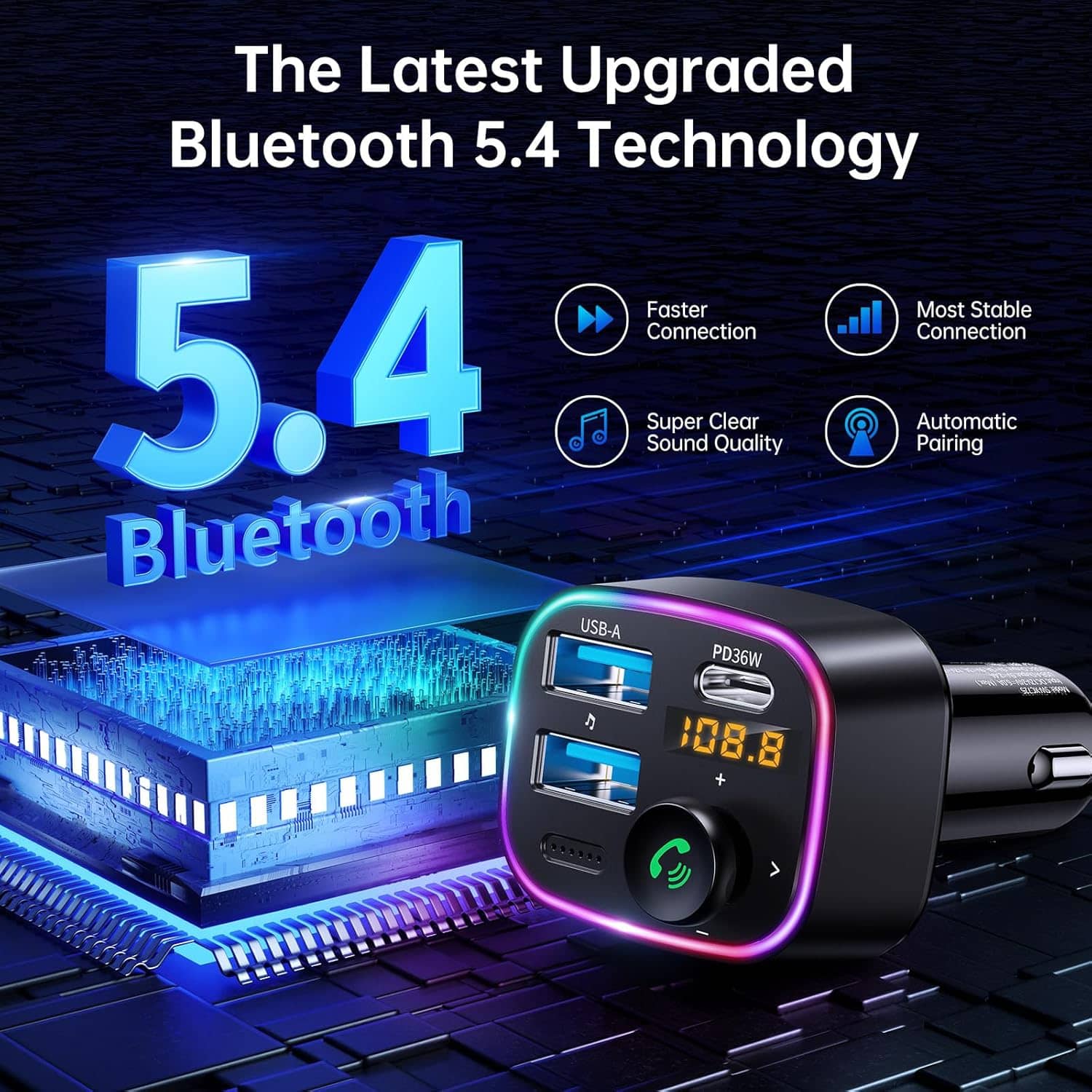 Syncwire Bluetooth 5.4 FM Transmitter Car Adapter 48W (PD 36W & 12W) [Light Switch] [HiFi Bass Sound] [Fast Charging] Wireless Radio Music Adapter LED Display Hands-Free Calling Support USB Drive - Image 2