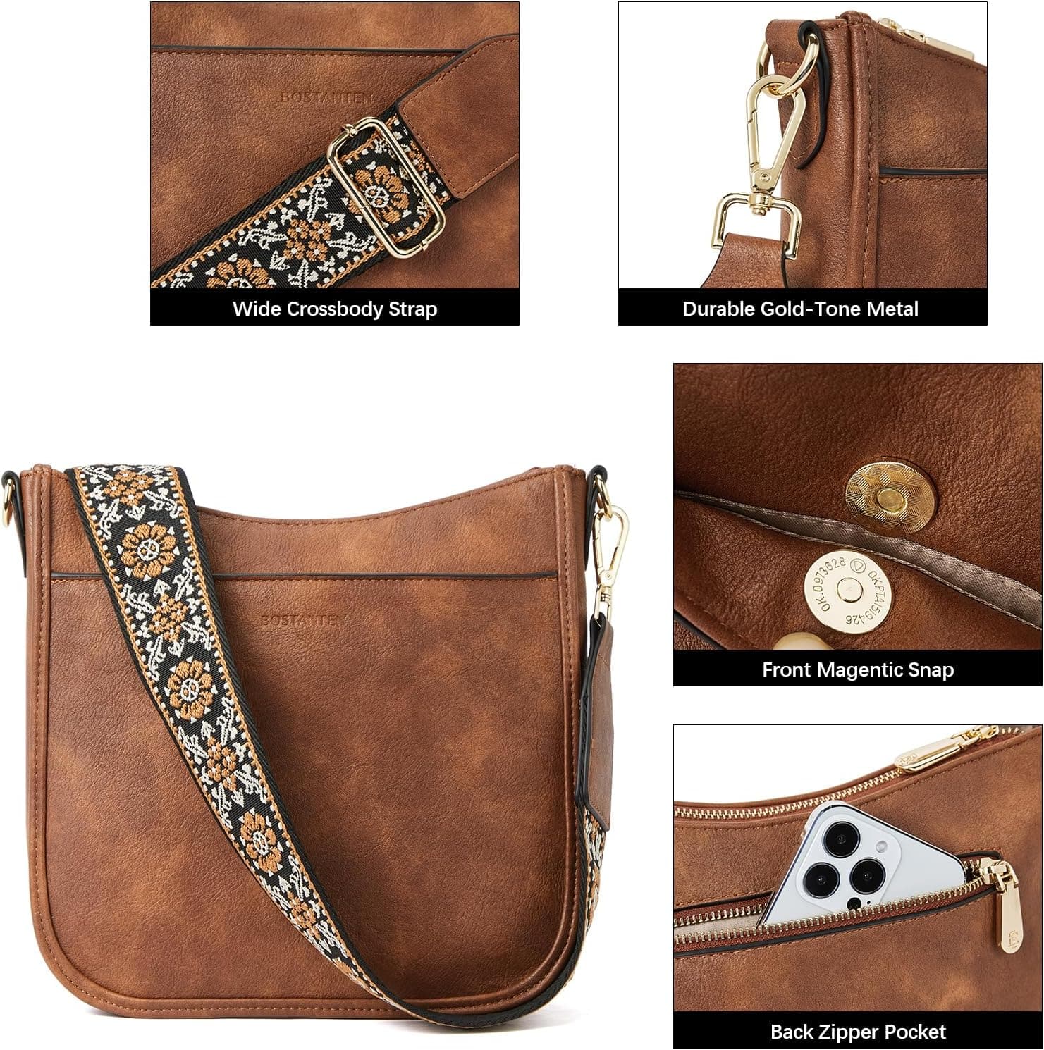 BOSTANTEN Crossbody Bags for Women Trendy Vegan Leather Hobo Purses Shoulder Handbags With Wide Shoulder Strap - Image 5