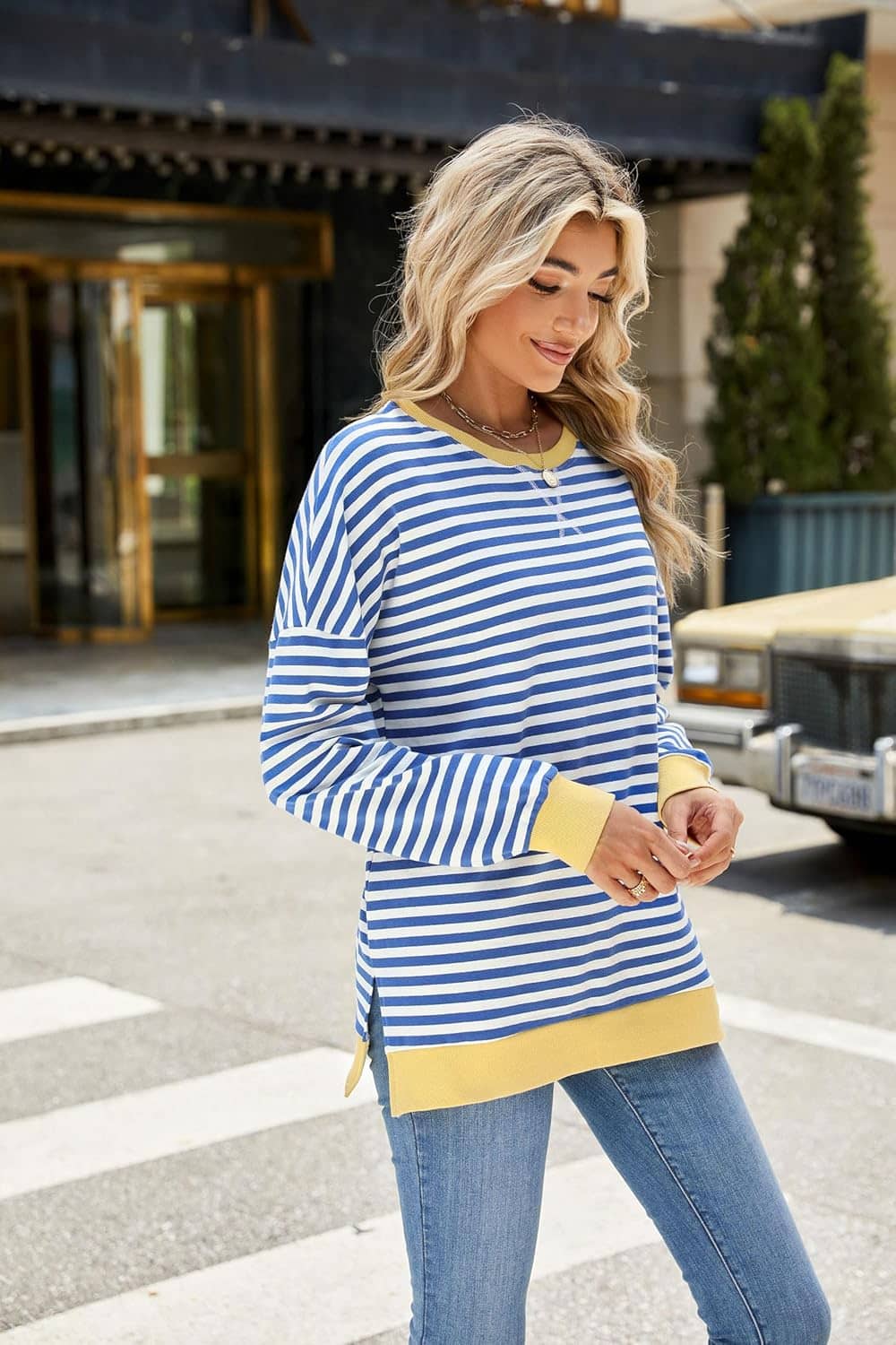 Fashionme 2025 Womens Striped Color Block Tunic Tops Side Slits Spring Long Sleeve T-shirts Sweatshirt Crewneck Loose Trendy - Image 5