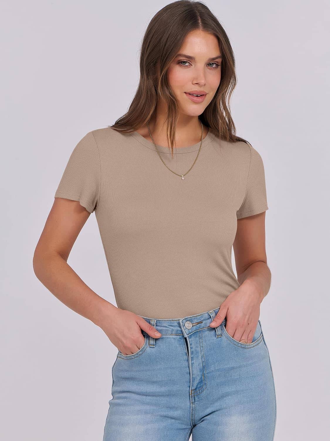 ANRABESS Women Short Sleeve Crewneck Rib Knit Slim Fitted Shirts Summer 2025 Basic Tee Tshirt Tops Underwear Outfits Clothes - Image 2