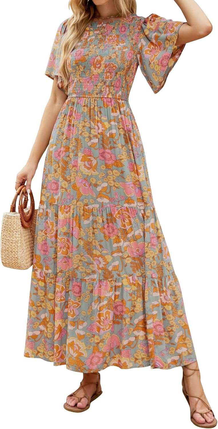 ZESICA Women's Summer Casual Floral Print Short Flutter Sleeve Crew Neck Smocked High Waist Flowy Maxi Dress