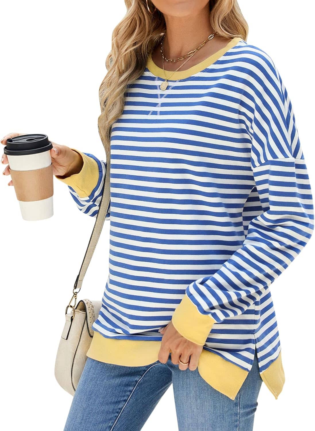 Fashionme 2025 Womens Striped Color Block Tunic Tops Side Slits Spring Long Sleeve T-shirts Sweatshirt Crewneck Loose Trendy