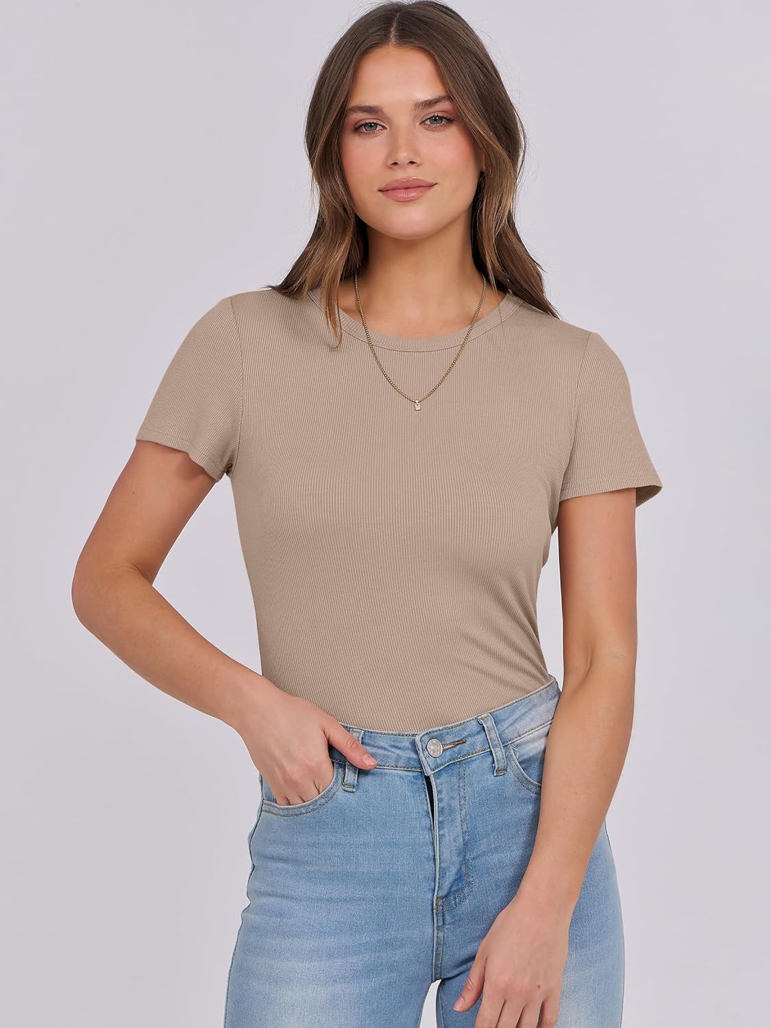 ANRABESS Women Short Sleeve Crewneck Rib Knit Slim Fitted Shirts Summer 2025 Basic Tee Tshirt Tops Underwear Outfits Clothes - Image 7