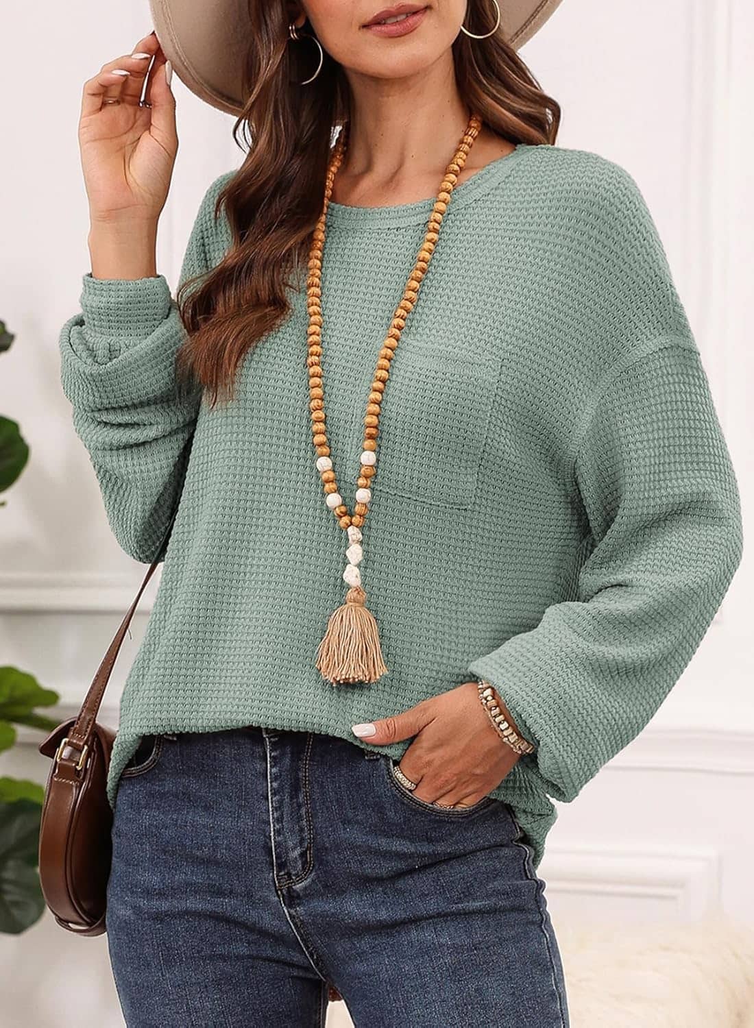 Dokotoo Womens Tops 2024 Oversized Long Sleeve Crewneck Waffle Knit Shirts Business Casual Blouses Basic Shirts - Image 4