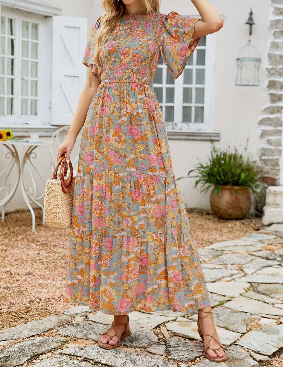 ZESICA Women's Summer Casual Floral Print Short Flutter Sleeve Crew Neck Smocked High Waist Flowy Maxi Dress - Image 7