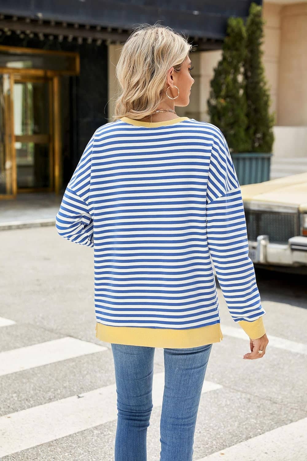 Fashionme 2025 Womens Striped Color Block Tunic Tops Side Slits Spring Long Sleeve T-shirts Sweatshirt Crewneck Loose Trendy - Image 4