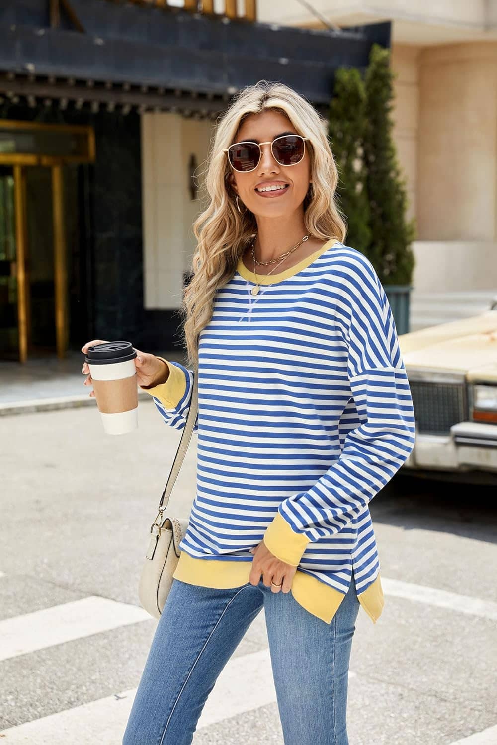 Fashionme 2025 Womens Striped Color Block Tunic Tops Side Slits Spring Long Sleeve T-shirts Sweatshirt Crewneck Loose Trendy - Image 3