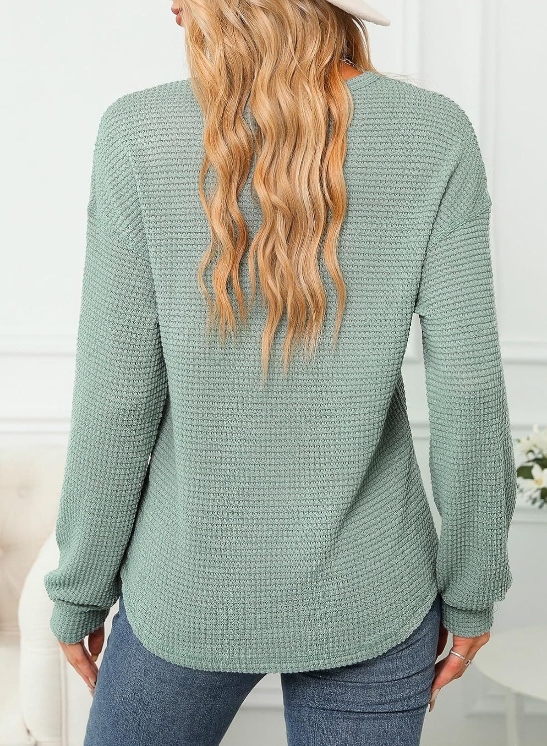 Dokotoo Womens Tops 2024 Oversized Long Sleeve Crewneck Waffle Knit Shirts Business Casual Blouses Basic Shirts - Image 5