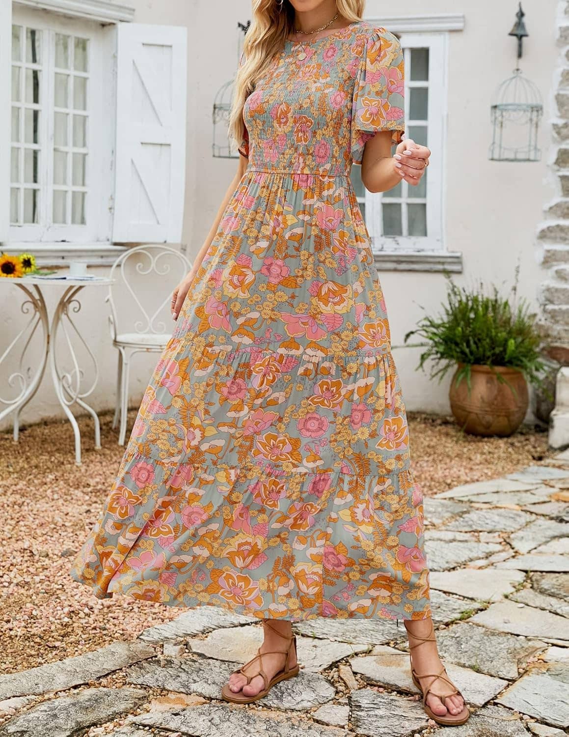 ZESICA Women's Summer Casual Floral Print Short Flutter Sleeve Crew Neck Smocked High Waist Flowy Maxi Dress - Image 6