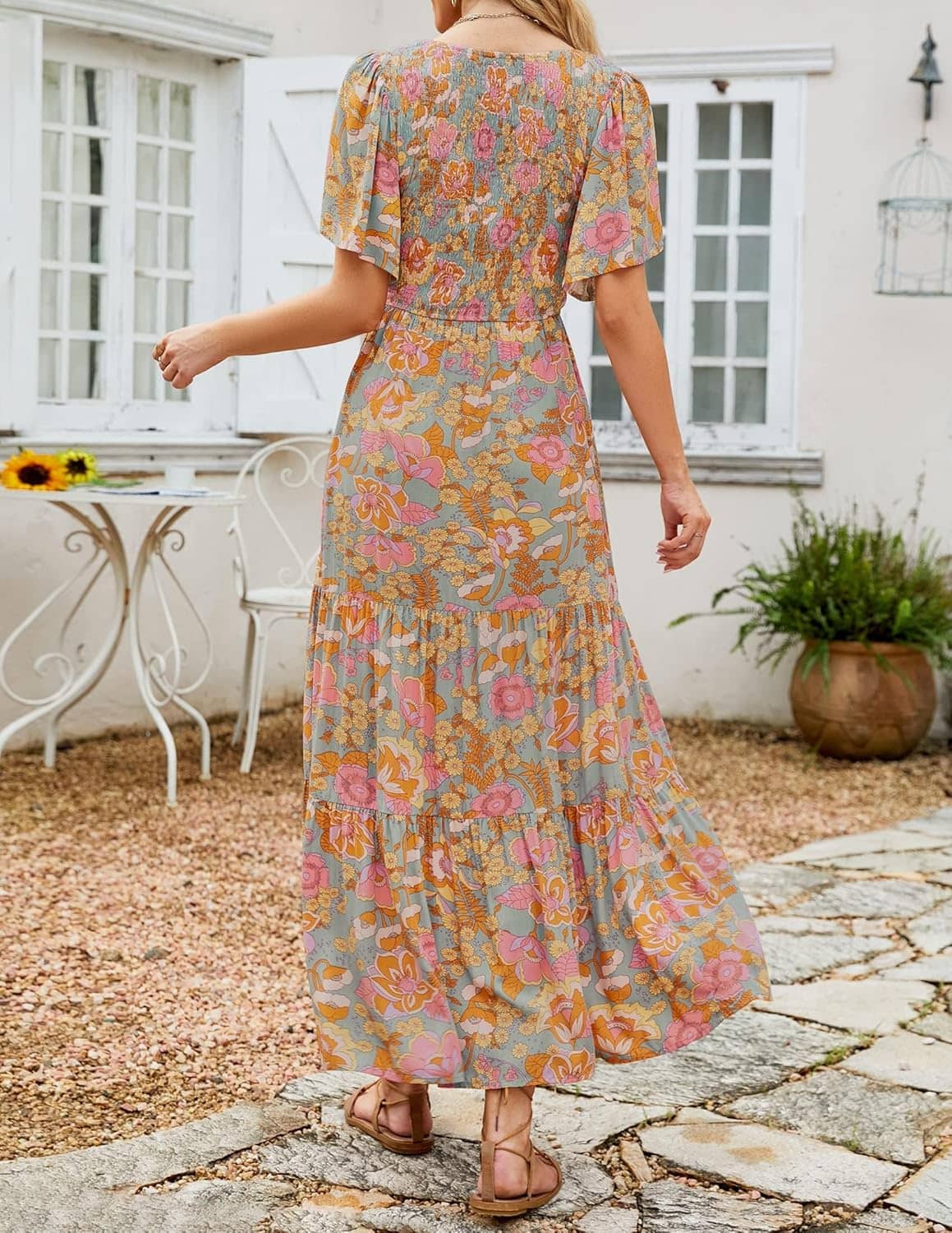 ZESICA Women's Summer Casual Floral Print Short Flutter Sleeve Crew Neck Smocked High Waist Flowy Maxi Dress - Image 3