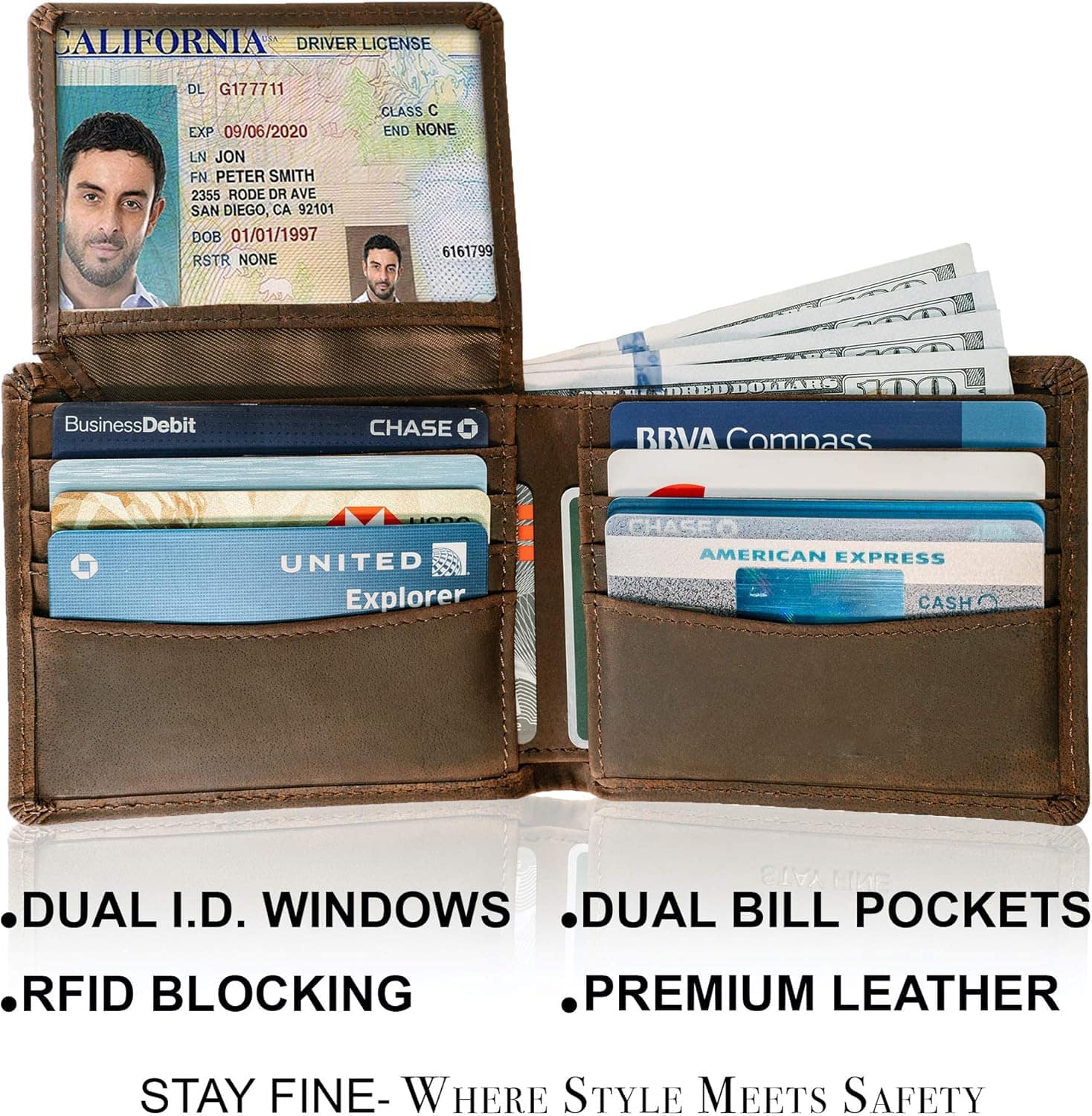 STAY FINE Top Grain Leather Wallet for Men | RFID Blocking | Bifold, Extra Capacity with 2 ID Windows | Ultra Strong Stitching | Slim Billfold with 8 Card Slots | Gift for Him - Image 2