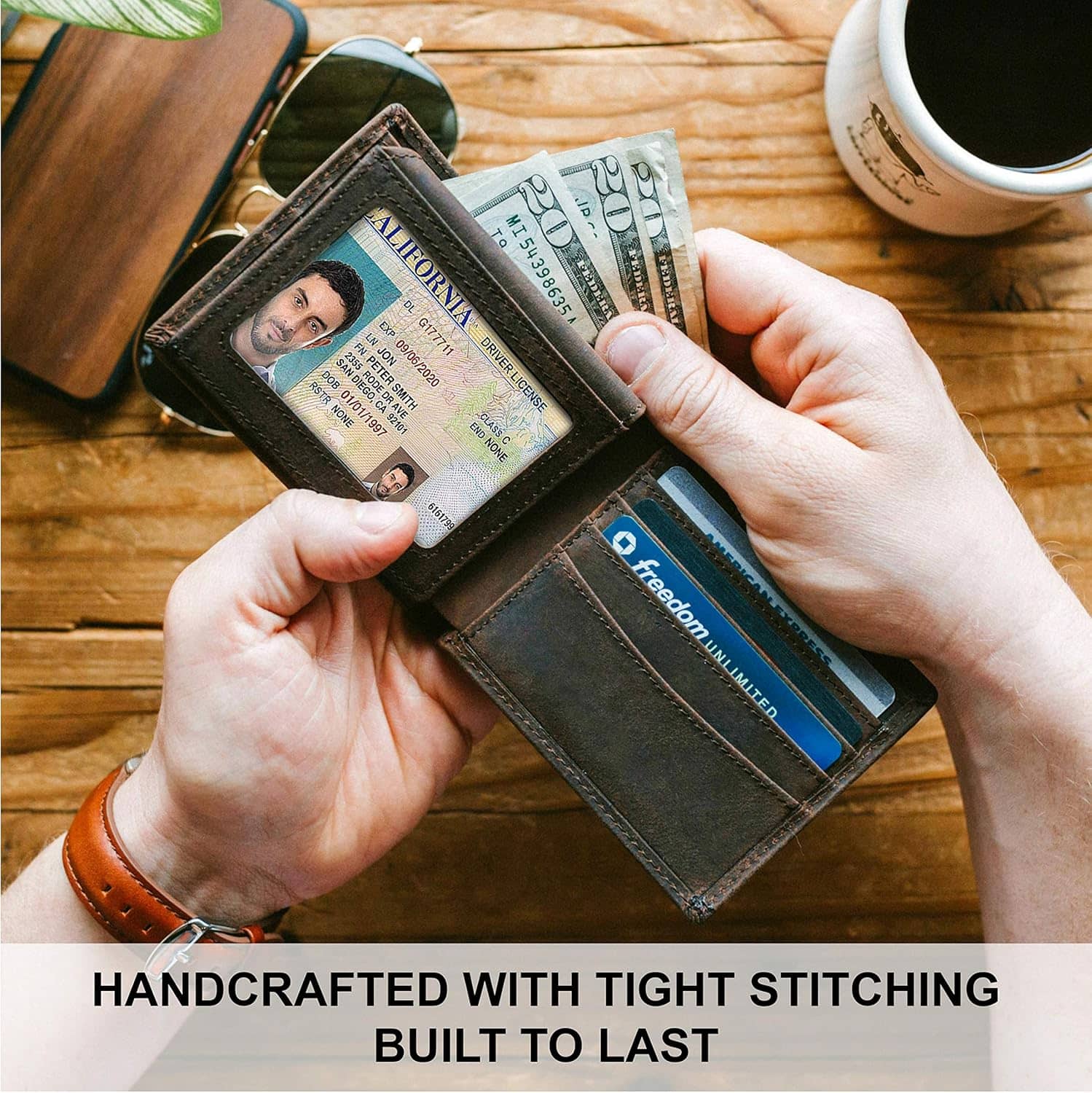 STAY FINE Top Grain Leather Wallet for Men | RFID Blocking | Bifold, Extra Capacity with 2 ID Windows | Ultra Strong Stitching | Slim Billfold with 8 Card Slots | Gift for Him - Image 3