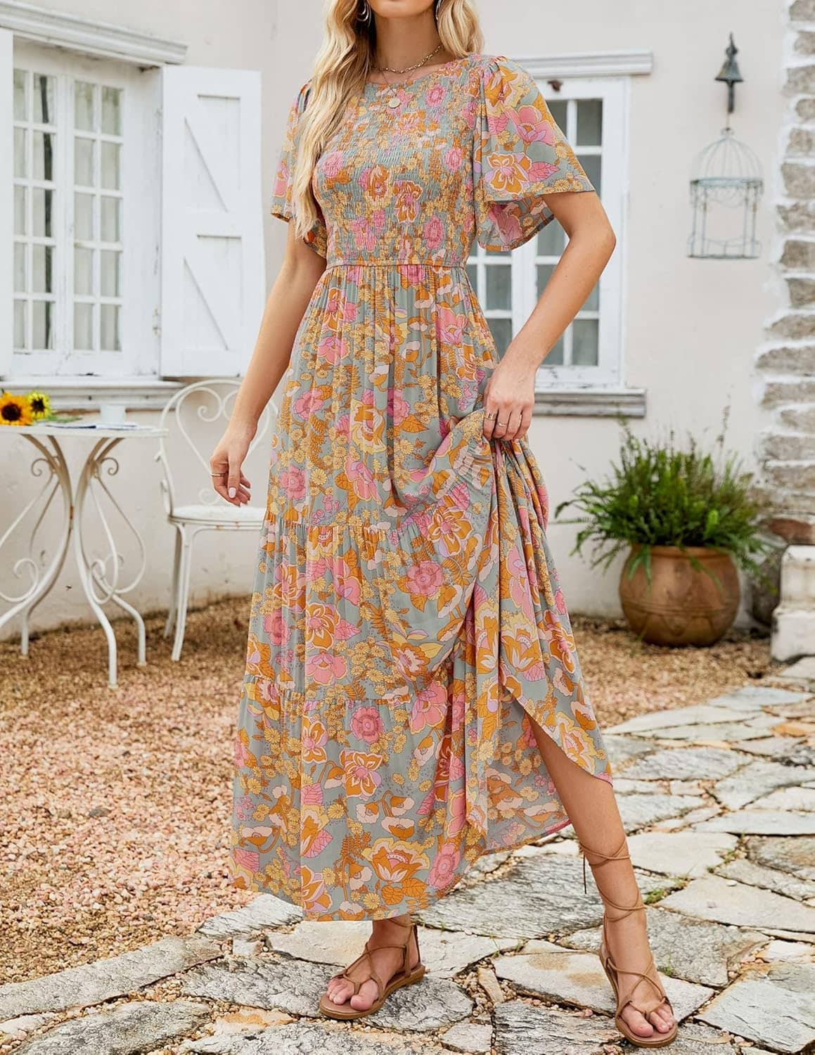 ZESICA Women's Summer Casual Floral Print Short Flutter Sleeve Crew Neck Smocked High Waist Flowy Maxi Dress - Image 2
