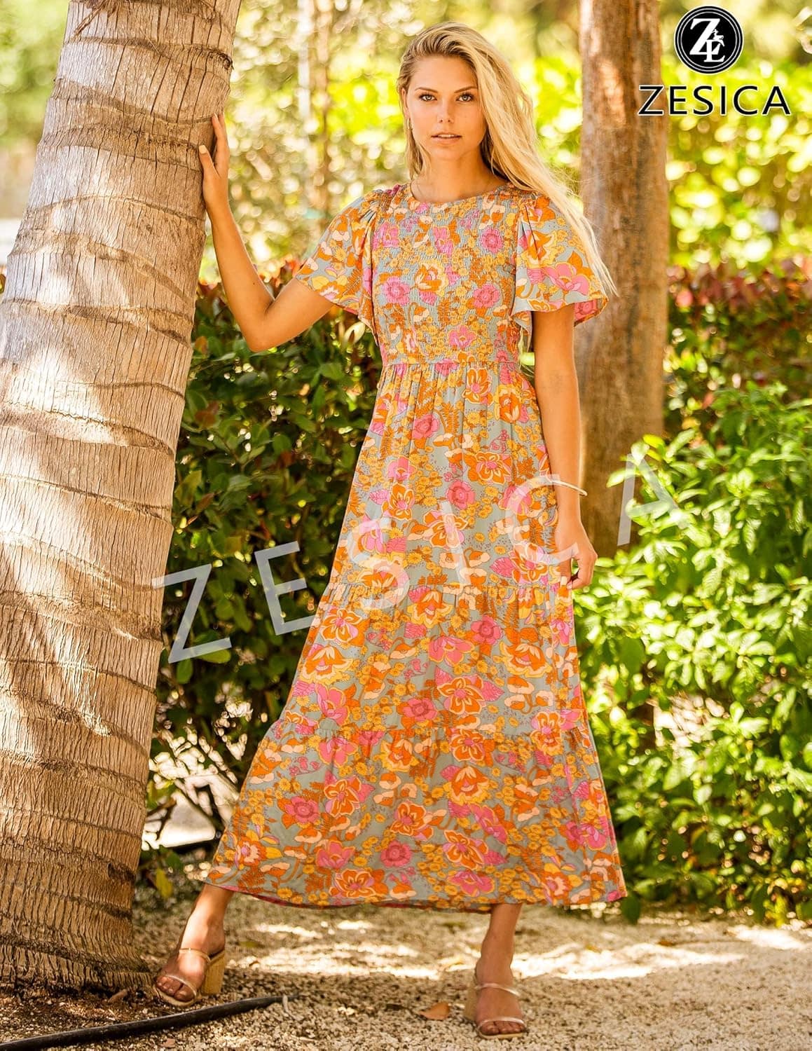 ZESICA Women's Summer Casual Floral Print Short Flutter Sleeve Crew Neck Smocked High Waist Flowy Maxi Dress - Image 4